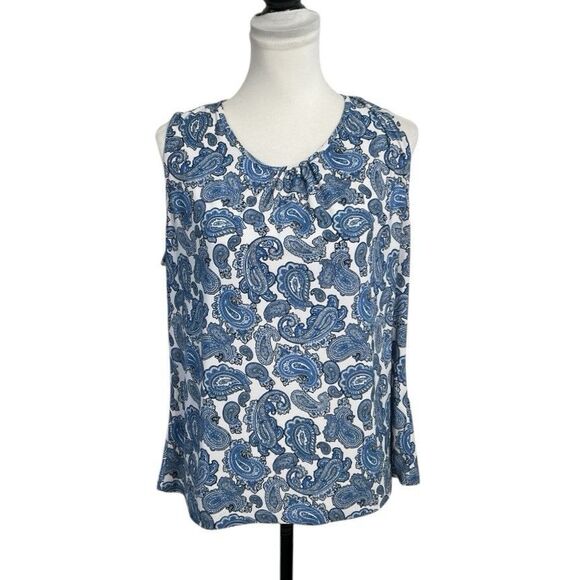 Nine West Blouse Size XL Blue White Paisley Sleeveless Top Tie Back V Neck Boho - Picture 1 of 10